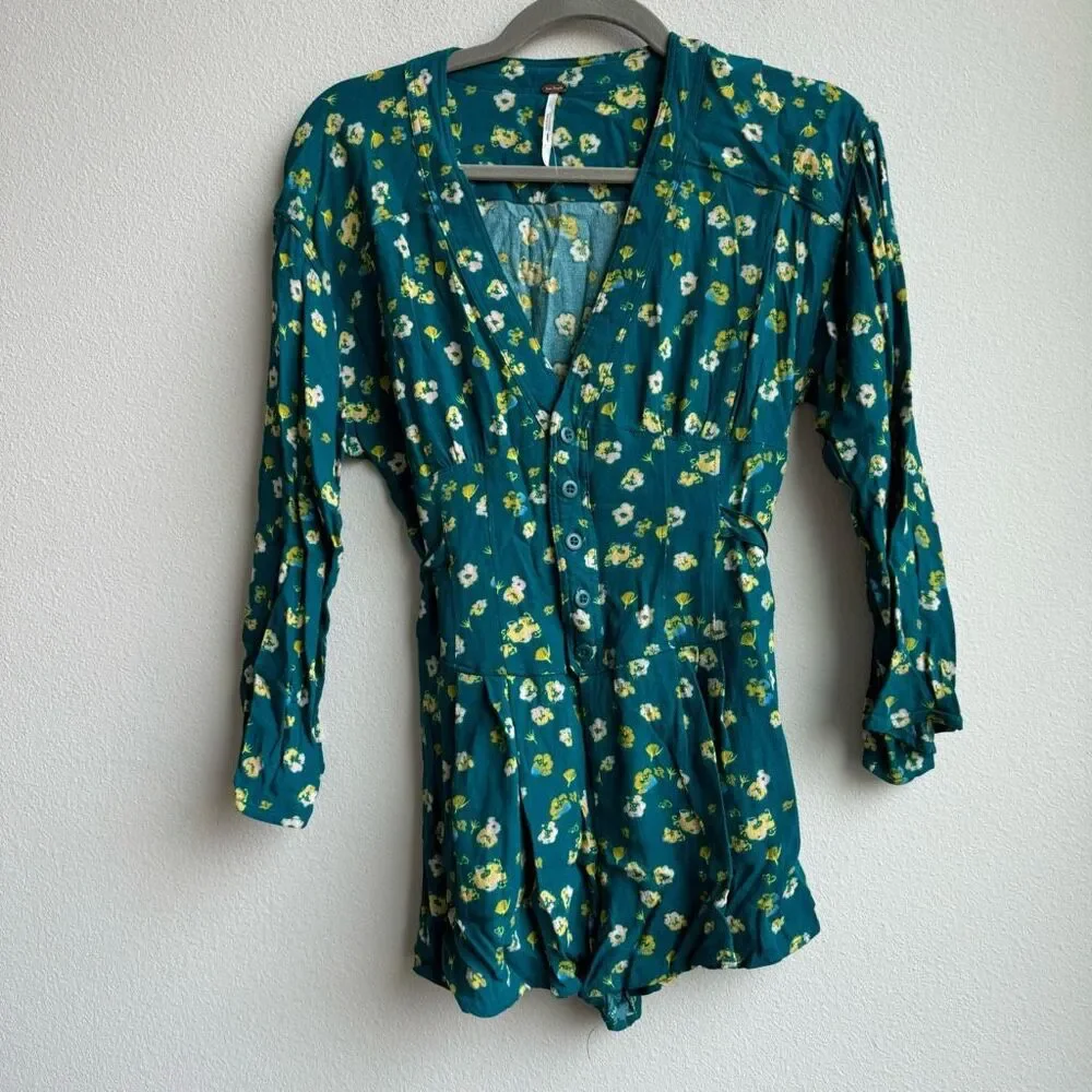 Free People L’amour Floral Printed Green Ruffle Romper Playsuit Size 0 Size XS
